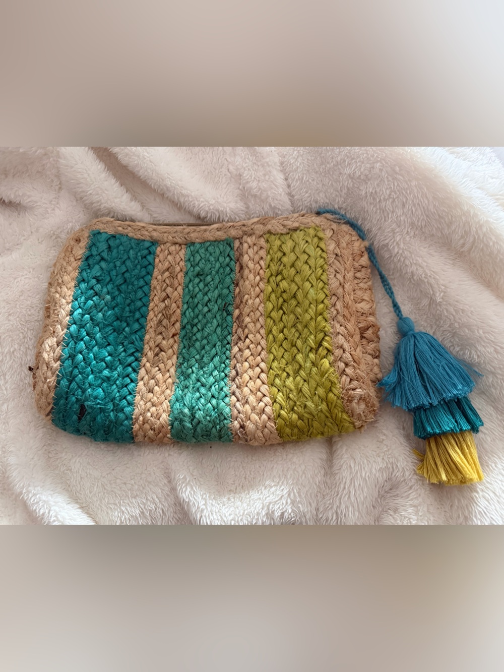 No Boundaries Striped Woven Clutch with Tassel - Teal, Aqua & Lime